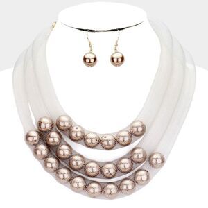 Triple Mesh White Tube Brown Pearl Necklace Set